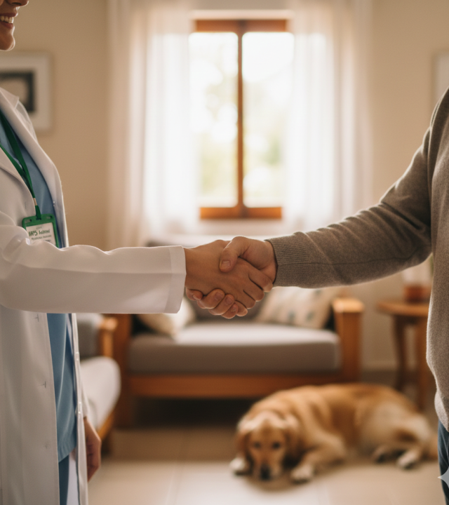 Aperto de mão entre veterinária HPS Animal e tutor em atendimento domiciliar Porto Alegre: símbolo de confiança, ética e transparência na relação profissional