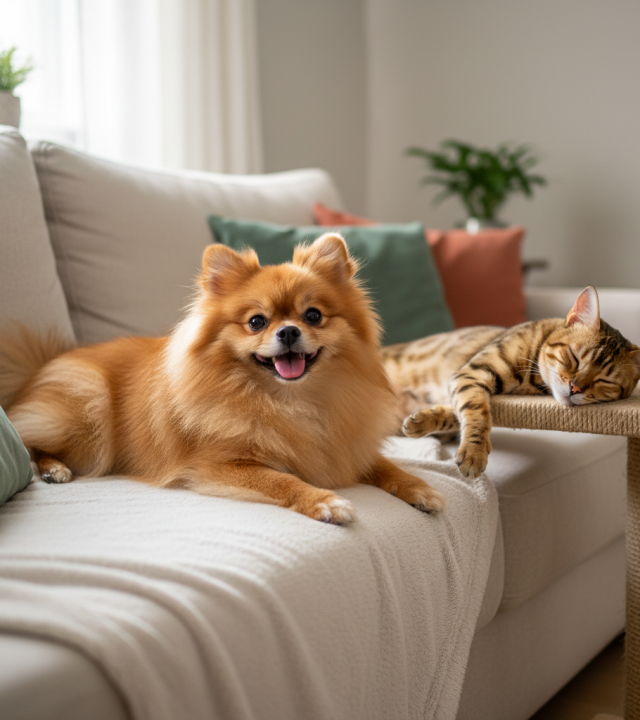 Lulu da Pomerânia e gato Bengal relaxados em casa durante atendimento veterinário domiciliar HPS Animal Porto Alegre sem stress