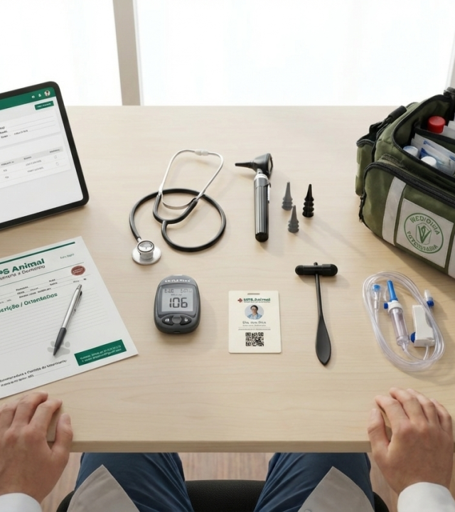 Mesa de trabalho veterinária HPS Animal com prontuário digital em tablet, receituário, equipamentos profissionais e bolsa APH organizada para atendimento domiciliar Porto Alegre